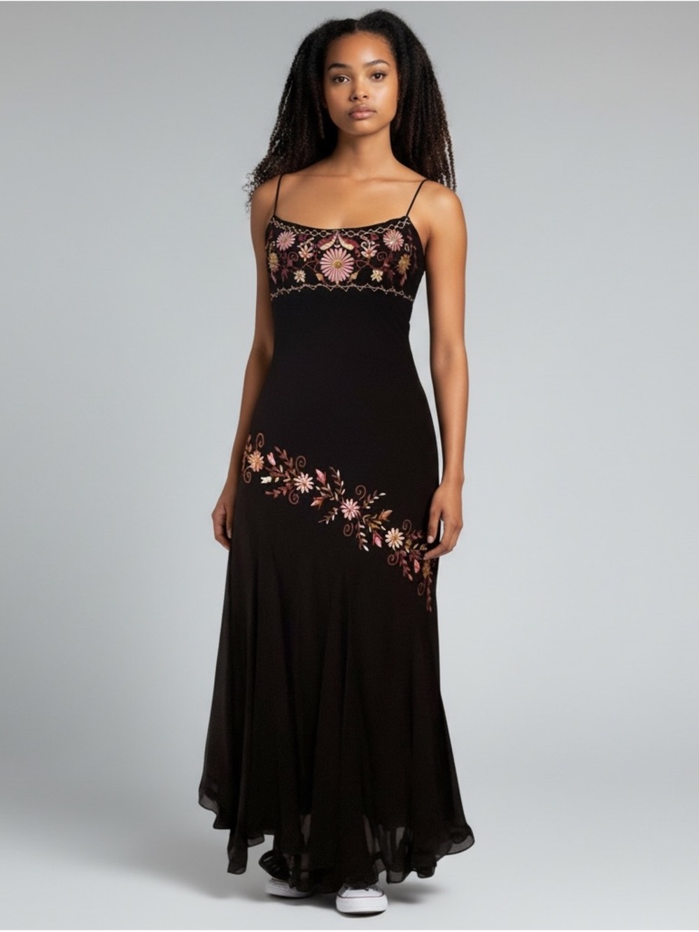 Vintage Betsey Johnson 100% Silk Embroidered Floral Black Slip Maxi Dress 90s